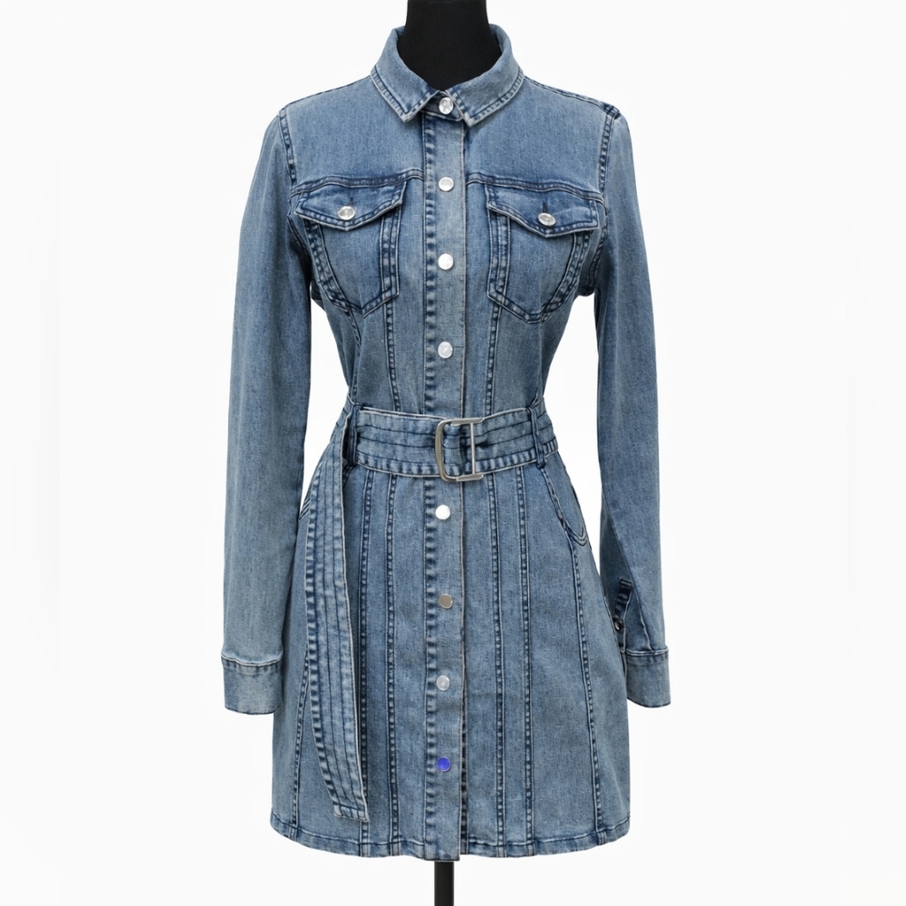 Manière De Voir MDV Denim Belted Shirt Dress Snap Front Size US 6 UK 10